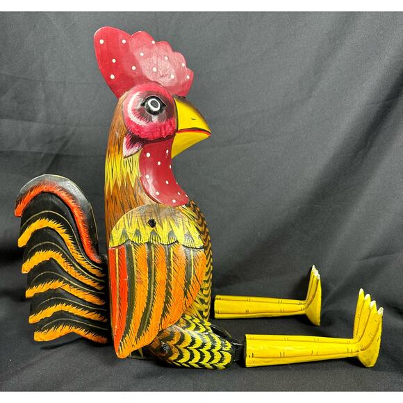 Carved Wood Folk Art Rustic Red & Yellow Painted Jointed Shelf Sitter Rooster - Picture 2 of 10